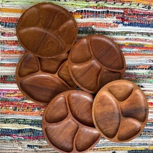 5 Vintage Handcarved Solid Teak Wood Divided Party Plates 9.5x1” Deep MCM